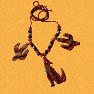 Southwestern Beaded Necklace Red & Black with Howling Wolf